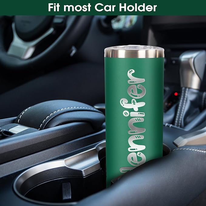 Personalized Skinny Tumbler Gift by iProductsUS - Premium 18/8 Stainless Steel with Spill-Proof Slider Lid & Straw - Customized 20oz Vacuum Insulated Coffee Mug Several Designs and 10 Colors (Green)