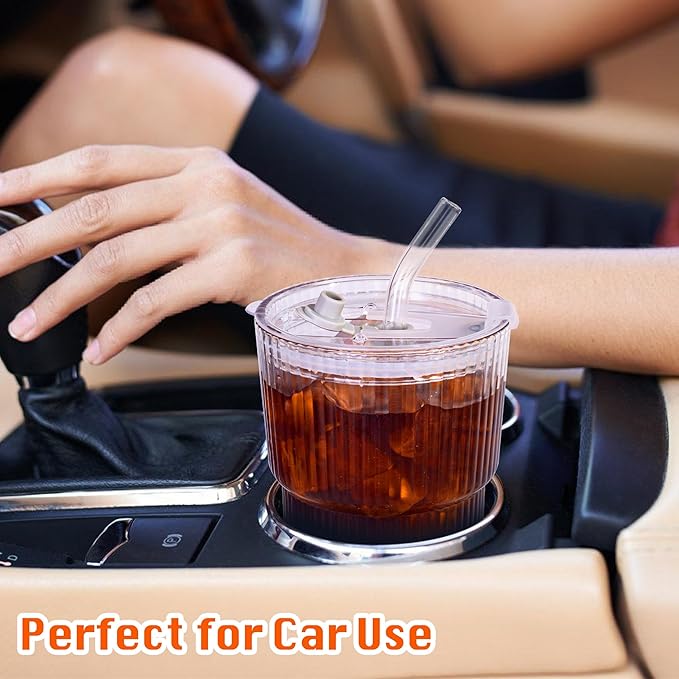 13oz/400ML Glass Tumbler with Straw and Lid Ribbed Vertical Ice Coffee Cups Sealed Carry on for Coffee Iced Tea, Thick Wall Glassware Tumbler Water Glass (Clear 1pc)