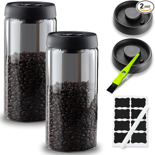 Vacuum Coffee Canister,2PCS 61FLOZ Borosilicate Glass Jar with Spare Airtight lid, Label & Brush, Coffee Bean Storage for Coffee Beans & Grounds (Shade Glass)