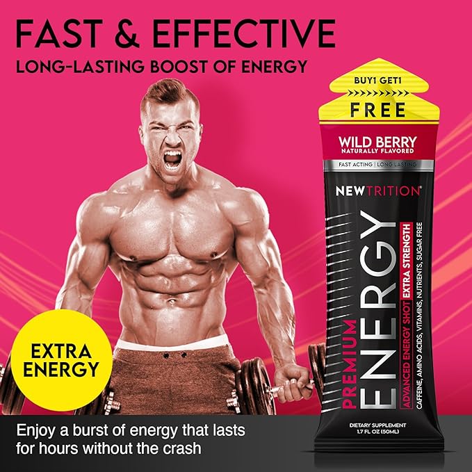 NewTrition® Extra Strength Energy Shots, 250mg Caffeine Energy Shots with Vitamin B & Amino Acids, Sugar-Free Vitamin Energy Shot, 1.7 fl oz (Pack of 12, Wild Berry)