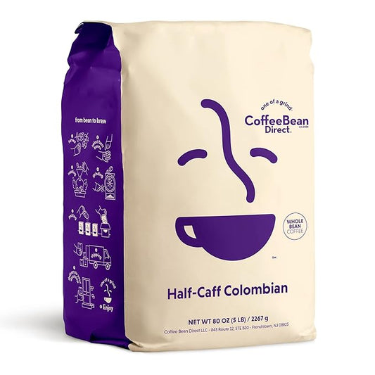 Coffee Bean Direct Half-Caff Colombian, Whole Bean Coffee, Light Roast, 5 Pound Bag (Pack of 1)