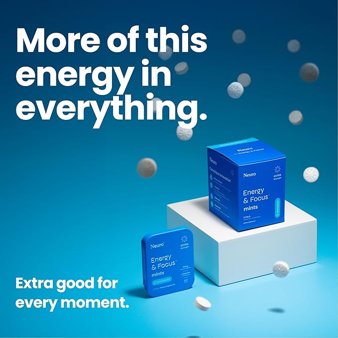 Neuro Energy & Focus Mints, Extra Strength - Sugar Free Breath Mints with 100mg Natural Caffeine, B Vitamins & L-Theanine - Vegan Brain Supplement for Exercise, Study & Daily Focus - Peppermint, 72 ct