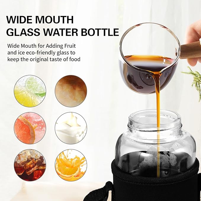 40 oz Glass Water Bottles - Large, Clear, Borosilicate Glass Water Bottle with Stainless Tea Infuser - Cup-Function Lid, Neoprene Sleeve, Strap - Wide Mouth BPA free, for Tea, Beverages, Juice