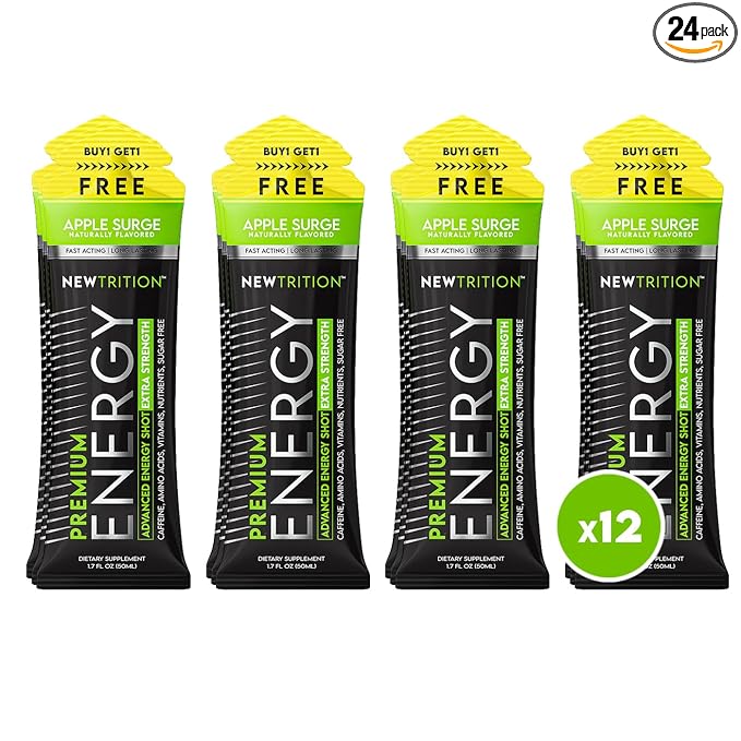 NewTrition® Extra Strength Energy Shots, 250mg Caffeine Energy Shots with Vitamin B & Amino Acids, Sugar-Free Vitamin Energy Shot, 1.7 fl oz (Pack of 12, Apple Surge)