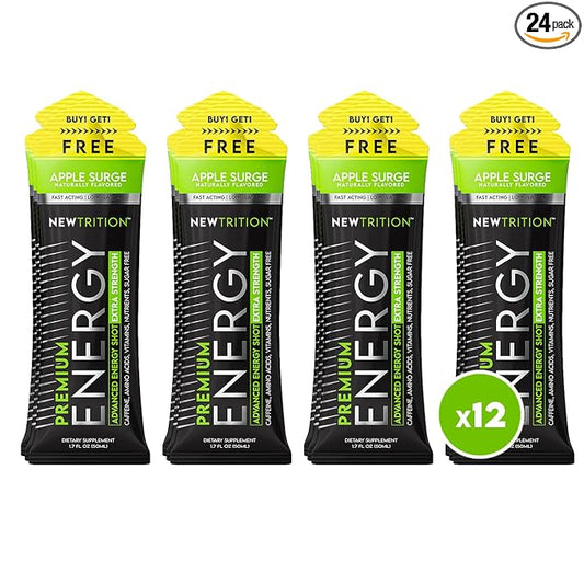NewTrition® Extra Strength Energy Shots, 250mg Caffeine Energy Shots with Vitamin B & Amino Acids, Sugar-Free Vitamin Energy Shot, 1.7 fl oz (Pack of 12, Apple Surge)