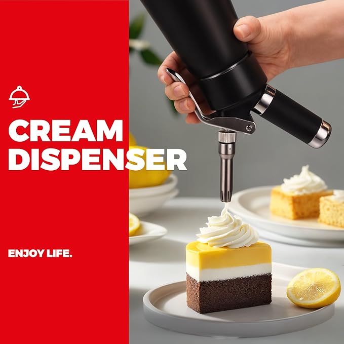 Professional Aluminum Whipped Cream Dispenser - 1000 mL/2 Pint,Whipped Cream Maker Canister with 5 Decorating Nozzles & Cleaning Brush - Need To Use N2O Chargers (Not Included) (Black, 1000ml)