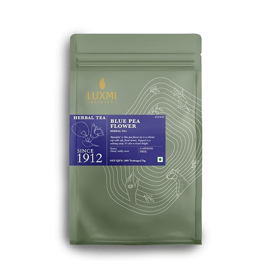 Luxmi Estates Butterfly Pea Flower Organic Blue Pea Flower Tea (50 Tea Bags) Caffeine Free Tea Bags For Relaxing, Calming, and Stress Relief, With Certified Herbal Tea
