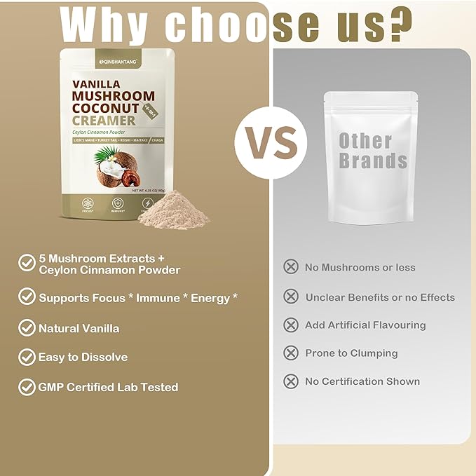 Mushroom Coffee Creamer, Vanilla Coconut Creamer, 5 Mushrooms and Ceylon Cinnamon Powder | Lion's Mane, Turkey Tail, Reishi, Maitake, Chaga, Cordyceps | Upgraded Formulation, Easy to Enjoy | 6.35 Oz