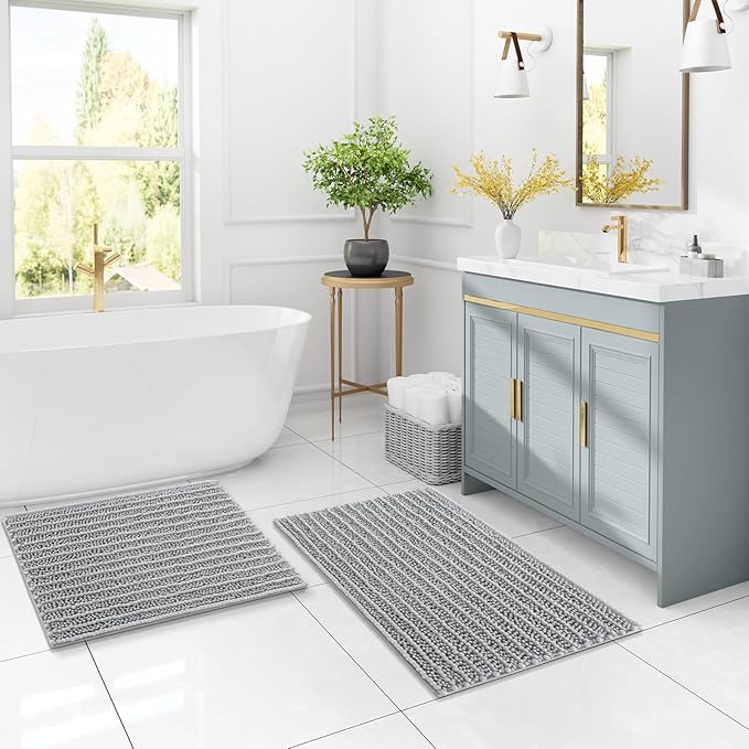 Arotive Luxury Chenille Bathroom Rug Mat, Extra Soft Thick Absorbent Shaggy Bath Rugs, Non-Slip Machine Wash Dry, Plush Bath Mats for Bathroom, Shower and Tub, 54x24, Light Grey