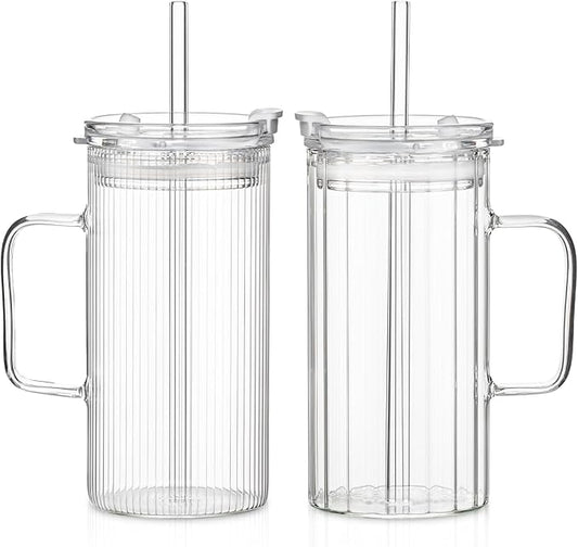KEMORELA 2PCS Glass Tumbler with Lid and Straw - 24oz Ribbed Drinking Cups with Straw & Lid, Iced Coffee Cups - Reusable Glass Tumblers for Tea, Juice, Bubble Tea