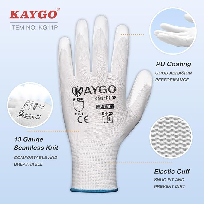 KAYGO Safety Work Gloves PU Coated-12 Pairs, KG11PB, Seamless Knit Glove with Polyurethane Coated Smooth Grip on Palm & Fingers, for Men and Women, Ideal for General Duty Work (X-Large, White)
