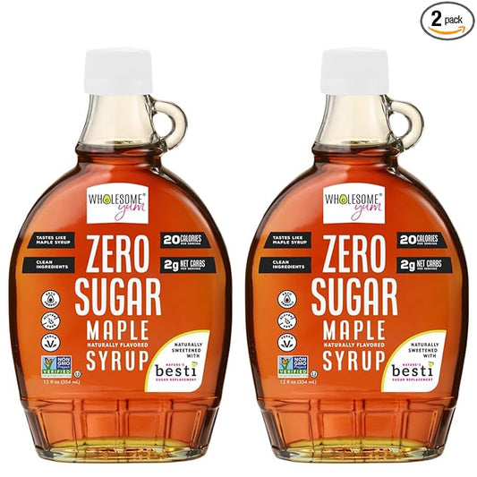 Wholesome Yum Zero Sugar Maple Syrup (Keto Maple Syrup) With Monk Fruit & Allulose - Natural Sugar Free Pancake Syrup - Non GMO, Low Carb, Gluten Free, Vegan, No Aftertaste (12 fl oz, 2 Pack)