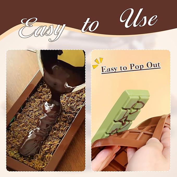 Chocolate Bar Mold 2 Pack, Non-Stick Deep Dubai Chocolate Bar Molds, Silicone, Rectangular Prism, Chocolate Color