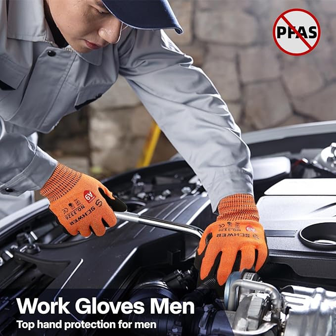 Schwer ProGuard Highest Level Cut Resistant Work Gloves PR3326 for Extreme Protection, ANSI A9 Cut Gloves with Reinforced Thumb, Non Slip, Breathable, Durable, Touch-screen, NON PFAS, Orange 1 Pair（M）