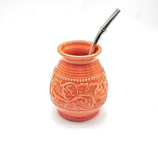 Ceramic Yerba Mate Gourd With Emboss Calabash Pattern (Coral With Straw)
