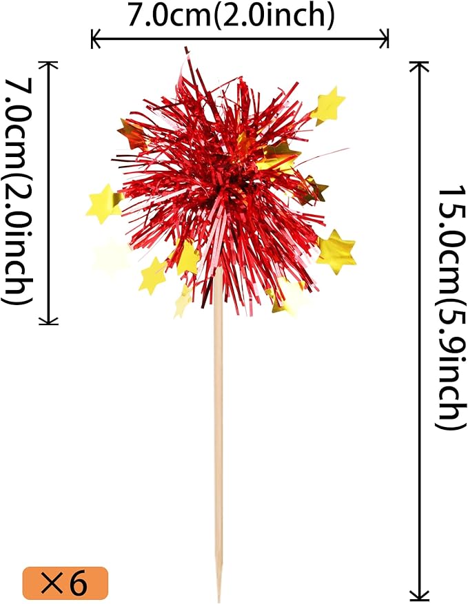 30 PCS Foil Firework Cupcake Toppers Happy Birthday Star Cupcake Picks Sparkle Tinsel Drink Stirrers Cocktail Fruit Toothpicks for Valentine's Day Wedding Birthday Party Decorations Supplies Red