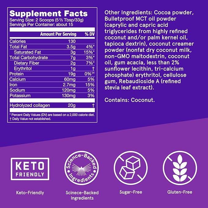 Bulletproof Chocolate Collagen Protein Powder with MCT Oil, 19g Protein, 17.6 Oz, Collagen Peptides and Amino Acids for Healthy Skin, Bones and Joints, Packaging May Vary