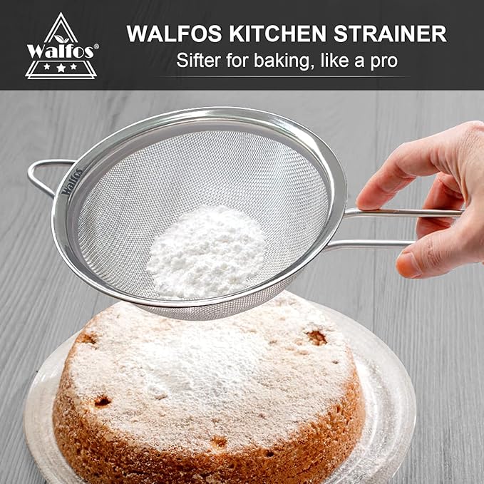 Walfos 4.7 Inch Fine Mesh Strainer, Premium Stainless Steel Colanders and Sifters, with Reinforced Frame and Sturdy Handle, Perfect for Sift, Strain, Drain and Rinse Vegetables, Pastas and Tea