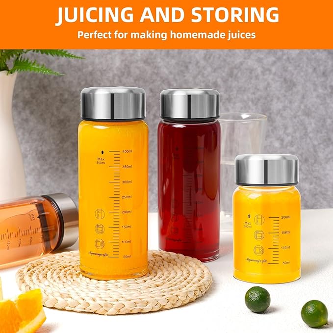 Glass Juice Bottles 10 oz - Wide Mouth Glass Water Bottles with Lids and Sleeve- for Juicing, Smoothies, Milk, Protein, Reusable, Stainless Steel Lids, Leak Proof, Shaker bottle (10oz/300ml)
