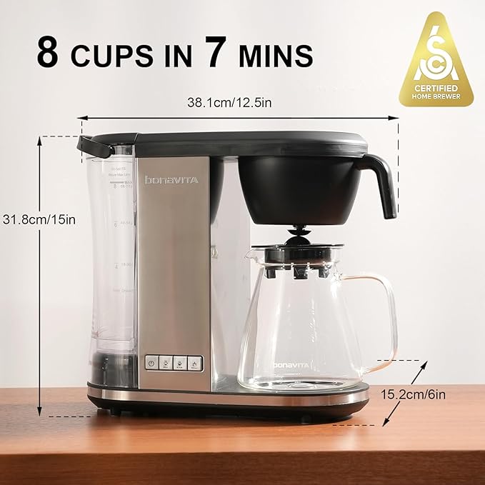 Bonavita Enthusiast 8 Cup Drip Coffee Brewer, Pour Over, SCA Certified Coffee Machine with Glass Carafe, Stainless Steel Panel, Removable Reservoir