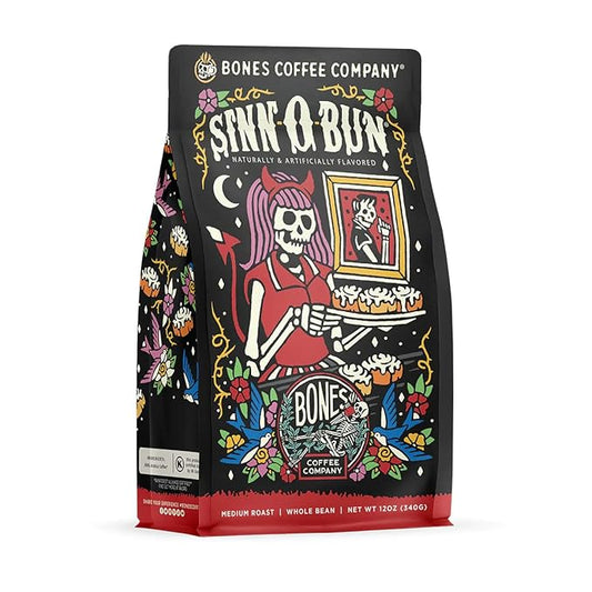 Bones Coffee Company Cinnamon Roll Flavored Coffee, Medium Roast Low Acid Arabica Beans Compatible with Auto drip and French Press Coffee Maker, 12 Oz Whole Bean