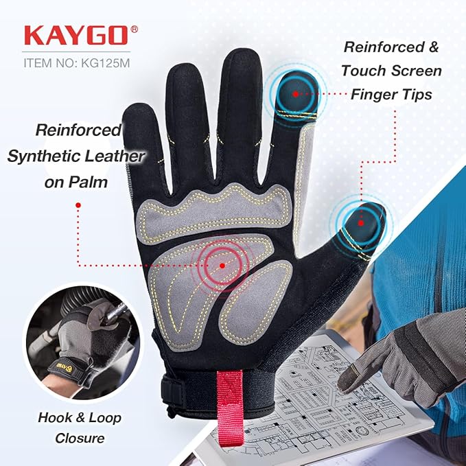 KAYGO Work Gloves For Men, KG125M Mechanic Utility Work Gloves for All Purpose, Excellent Grip, Heavy Duty, Improved Dexterity, Touch Screen, 2X-Large, 3 pairs, Grey