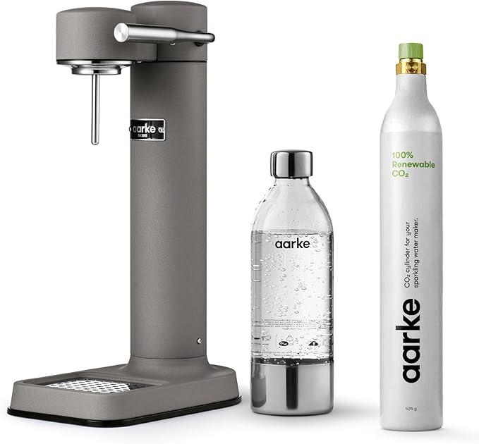Aarke Carbonator lll with CO2 Cylinder, Sparkling & Carbonation Water Machine, Stainless Steel with PET BPA-Free Reusable Bottle Volume 1L/34 fl oz (Matte Grey)