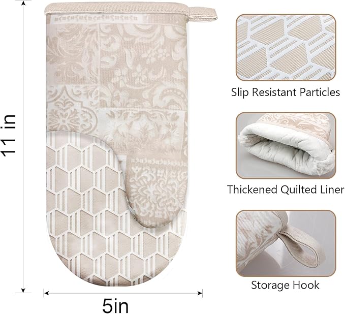 Thumb Oven Mitts, Heat and Slip Resistant Silicone Kitchen Mittens 2-Pack Set, Khaki Patchwork Flower Soft Long Oven Gloves, Flexible Thick Potholders for Safe Baking Cooking and Grill(Khaki)