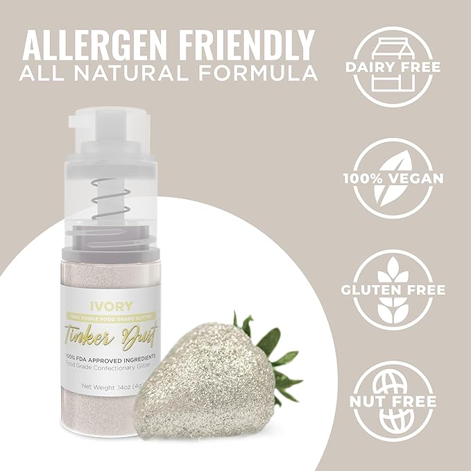 Bakell - Ivory Tinker Dust (4g, 1x Mini Spray Pump) Edible Glitter for Food, Desserts, and Beverages!