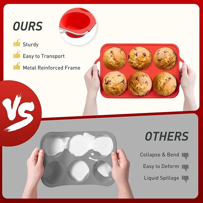 2 Packs 6 Cups Silicone Muffin Pan for Baking with Metal Reinforced Frame Jumbo Size Cupcake Pan Tray Egg Bites Silicone Circle Cookie Molds Muffin Tin Tart Pans Large Big Sheet Set for Breakfast