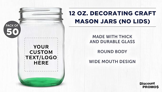 DISCOUNT PROMOS Custom Decorating Mason Jars 12 oz. Set of 50, Personalized Bulk Pack - Glass Jars for Overnight Oats, Candies, Fruits, Pickles, Spices, Beverages - Green