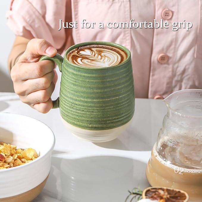 Hasense Large Coffee Mugs, Ceramic Tea Cups with Comfortable Handle Set of 2, Perfect for Milk, Latte, Hot Cocoa, Dishwasher and Microwave Safe, Green