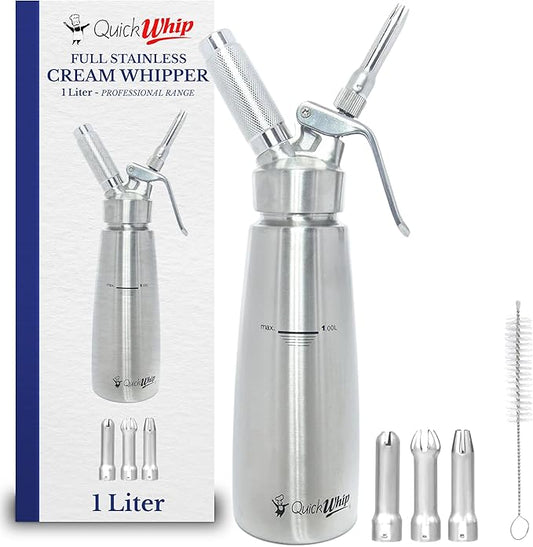 Stainless Steel Whipped Cream Dispenser, Professional Grade Whipper, Full Canister, with 3 Decorating Tip Nozzels, Ideal for Baking, Desserts, & Culinary Creations (1L)