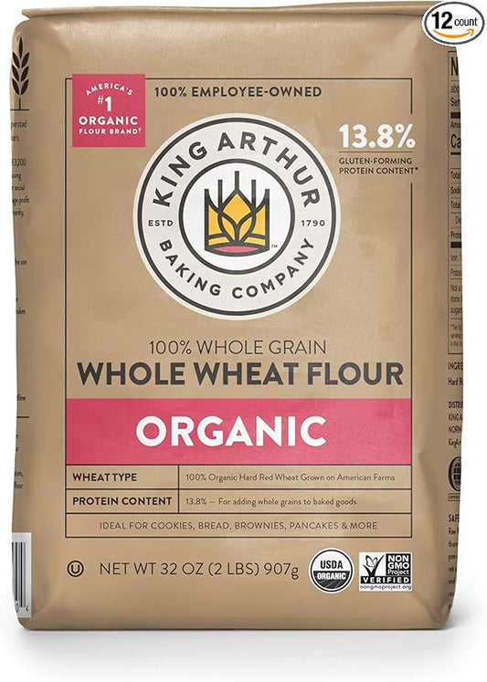 King Arthur, 100% Organic Whole Wheat Flour, 100% Whole Grain, Non-GMO Project Verified, 2 Pounds (Pack of 12)