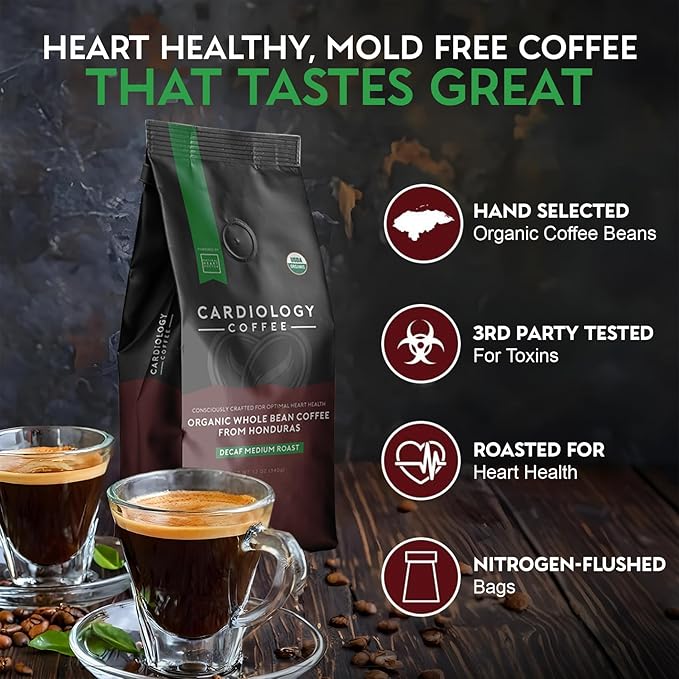 Cardiology Coffee – Decaf Coffee Beans – USDA Certified Organic, Mold Free 12oz Premium Whole Bean Coffee Medium Roast – Decaf Espresso Beans with Swiss Water Decaf and Antioxidant Benefits – Heart Healthy Lifestyle