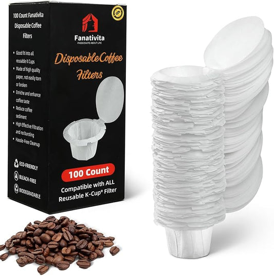 100 Count Fanativita K Cup Filters Disposable with Genius Lid Design, Fit All Reusable K Cups for Keurig (White)