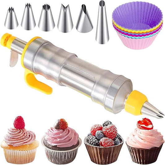 JAYVAR Dessert Decorating Syringe Set, Cake Decorating Kit, Stainless Steels Frosting Piping Kit for Cupcake Decoration with 6 Piping Nozzles, Cake Decorating Gun for Frosting Cream to Make Cupcakes