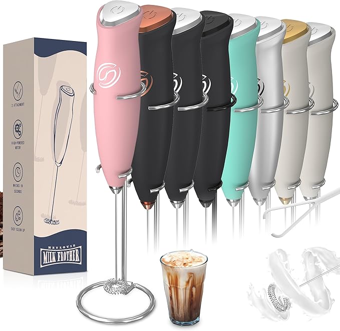 Milk Frother With Stand Handheld Frother Wand Drink Mixer Handheld Coffee Stirrers Electric Frother for Coffee Mixer Wand with 2 Whisk frother for protein powder-Pink