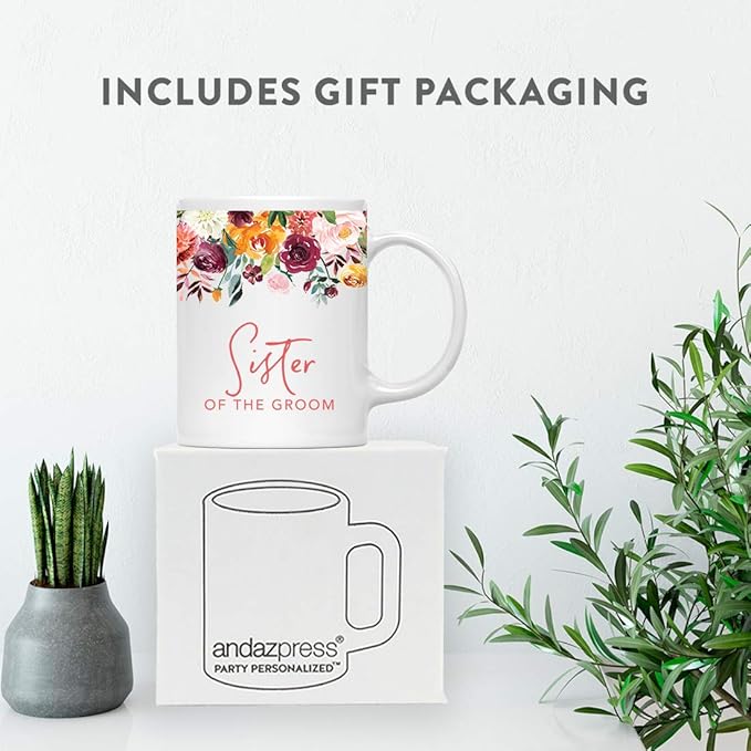 Andaz Press 11oz. Wedding Ceramic Coffee Tea Mug Gift, Fall Autumn Burgundy Orange Peach Flowers Roses Florals, Sister of the Groom, 1-Pack, Includes Gift Box