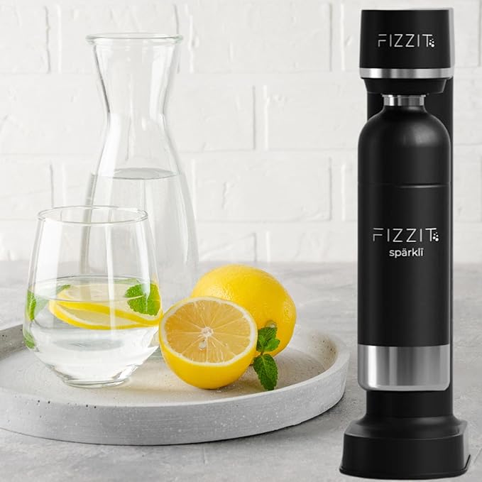 FIZZIT Spärklí Black Carbonated Water Soda Maker Bundle – Includes 1 Black Stainless Steel Bottle, 1 White Stainless Steel Bottle & 2 CO? Cylinders – Premium Sparkling Water Maker for Home & Kitchen