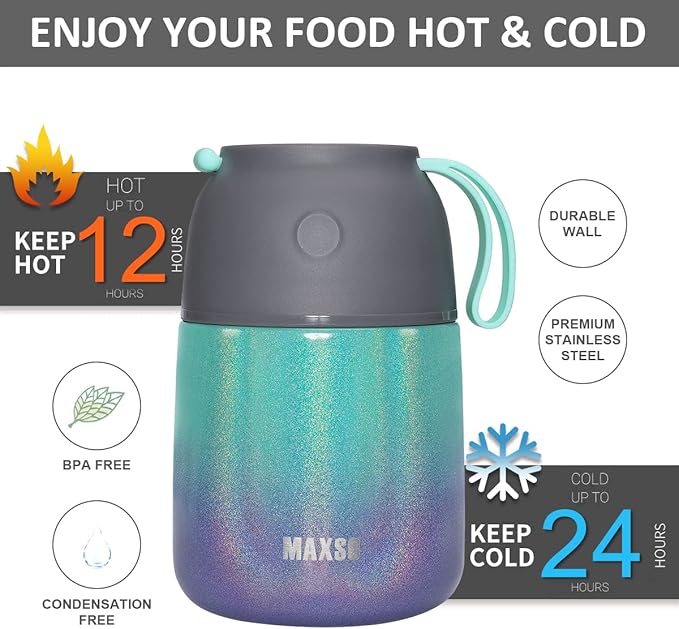 Insulated Thermo Food Jar for Hot & Cold Food for Kids Adult, 17&24 oz Soup Thermal Hot Food Containers for Lunch, Triple Layer Insulation Stainless Steel Food Jar with Spoon(2 Pack Rainbow)