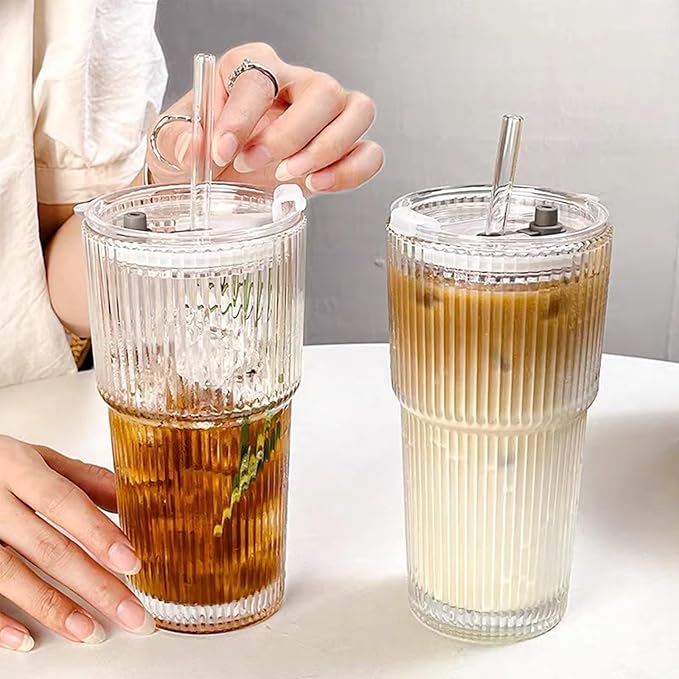 4PCS 20oz Glass Cups with Lids and Straws, Iced Coffee Cups with Lids, Stylish Ribbed Thick Drinking Glasses Tumbler for Juice, Smoothies, Cold Beverages, Cute Cup Gifts with Clean Brush