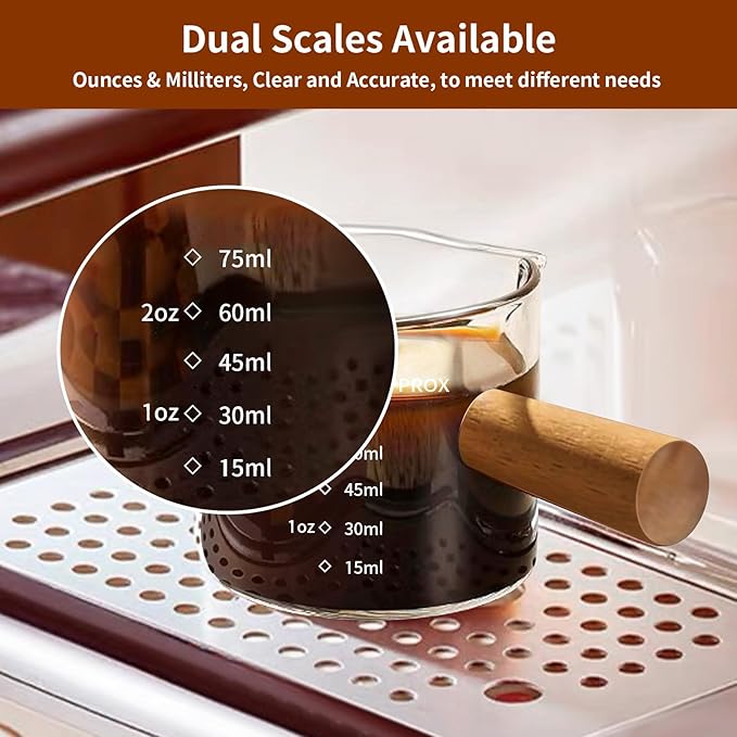YARRAMATE 3.4oz Espresso Shots Cup with Wood Handle, Clear Glass Espresso Measuring Cup with Dual Scale, Shot Glass with Single Spout