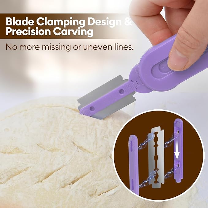 MOJOHAND Bread lame for Dough, Magnetic & Reusable Bread Lame Dough Scoring Tool, Anti-Slip Handle with Long Retractable Razor blades, Sourdough Scoring tool for Bread Making (Purple)
