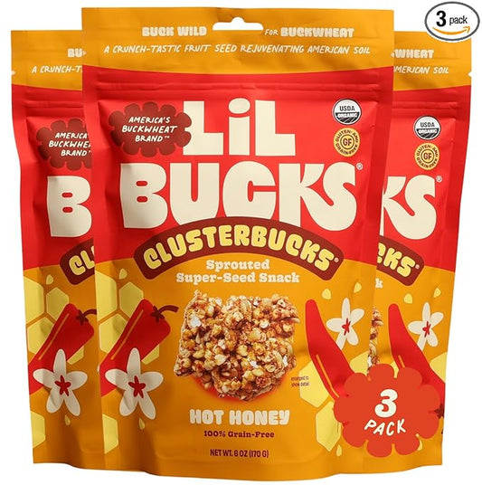Clusterbucks Superfood Clusters – Grain-Free, Keto-Friendly Snack Bites with Regeneratively Grown Sprouted Buckwheat– Gluten-Free, Low-Carb, Organic Healthy Snack (3-Pack, Hot Honey)