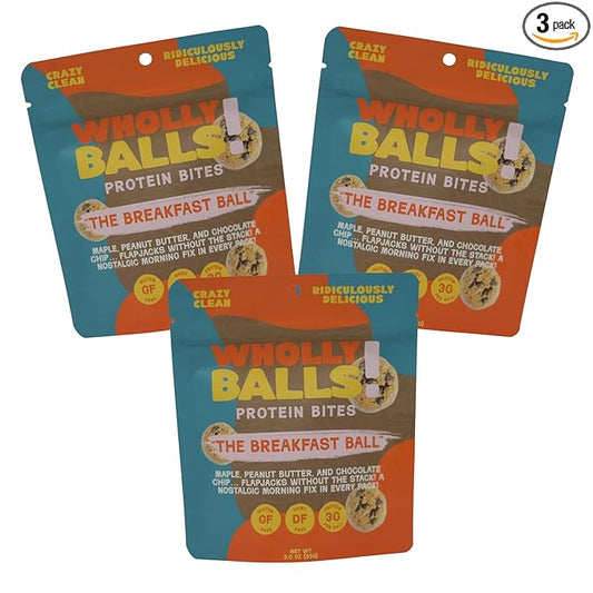 Wholly Balls Protein Bites – Healthy Plant-Based Snack | High Protein, Low Sugar, Gluten-Free Energy Balls (Pack of 3, Breakfast Ball)