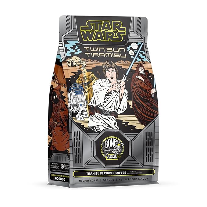 Bones Coffee Company Star Wars Twin Sun Tiramisu Flavored Coffee, Medium Roast Low Acid Arabica Beans Compatible with Auto drip and French Press Coffee Maker, 12 Oz Ground