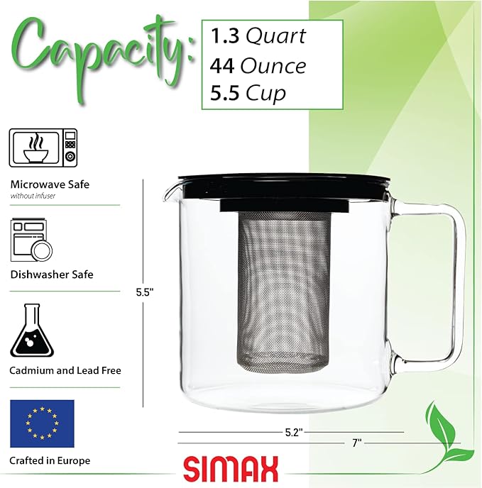 Simax Glassware 1 Quart Teapot with Metal Mesh Infuser | Plastic Lid, Microwave and Stovetop Safe, Heat, Cold, and Thermal Shock Resistant Borosilicate Glass, Makes a Stunning Presentation
