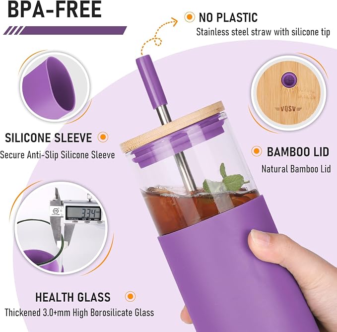 Glass Tumbler w/Lids & Straw: 24 oz Reusable Glass Cup w/Bamboo Lid, Stainless Steel Straws, BPA-Free, Leak-Proof, Dishwasher Safe for Coffee/Smoothies/Hot Beverage, Travel/Office/Home Use, 2-Pk