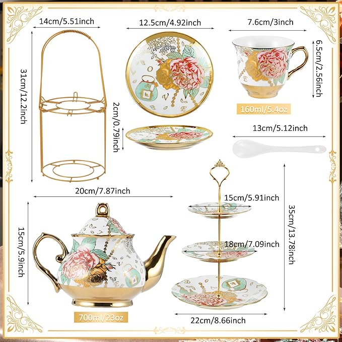 Maxcheck 21 Pcs Tea Party Set for Adults European Floral Tea Set with Metal Holder and 3 Tier Ceramic Cake Stand Porcelain Flower Cup Teapot for Dessert Cupcake(Elegant Style)